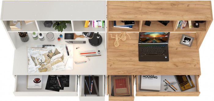 компьютерный стол Комфорт 12.77F + компьютерный стол Комфорт 12.77F, белый шагрень/дуб крафт золотой