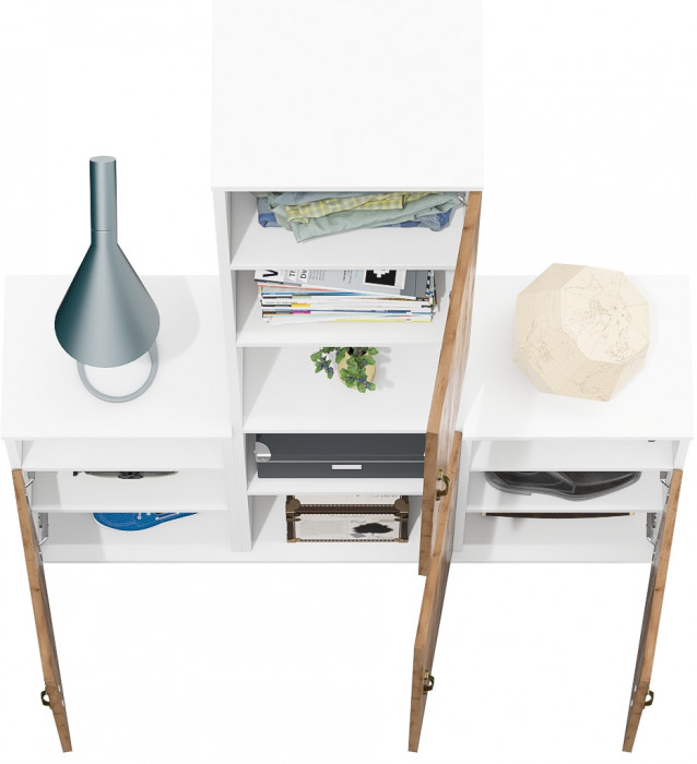 Лидер-8 Пенал + Тумба МД 3.19 + Тумба МД 3.19, цвет белый шагрень/крафт золото, ШхГхВ 120х30х190 см., универсальная сборка