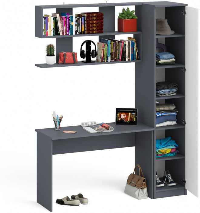 Мори письменный стол МСП1200.1 + Пенал МШ400.1 + Полка 1200, графит/белый
