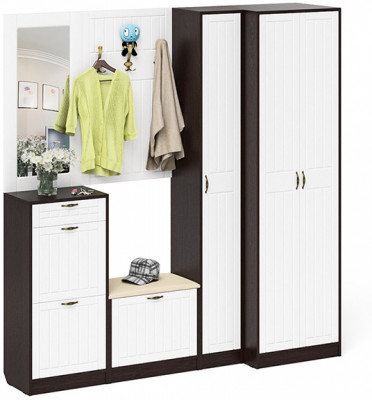 Прихожая П-6 Компоновка № 31, цвет венге/фасады МДФ белое дерево фрезеровка прованс, ШхГхВ 200х50х210 см., универсальная сборка