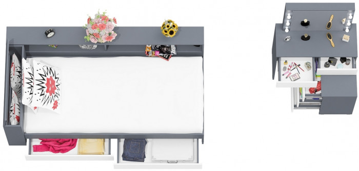 Ксения Кровать с ящиками 0900 + прикроватный блок + Столик с подсветкой 110, графит/белый