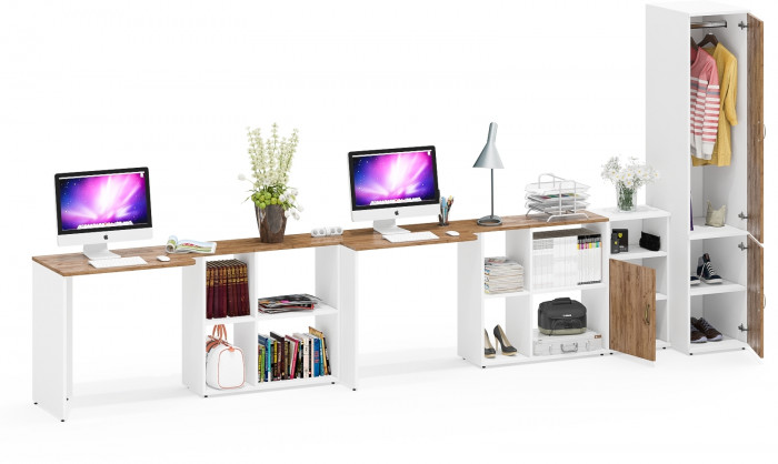 Лидер-8 Стол + Стол + Пенал МД 23Б + Тумба МД 3.19, белый шагрень/крафт золото