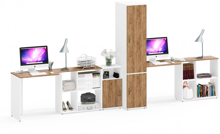 Лидер-8 Стол + Стол + Пенал МД 23Б + Тумба МД 3.19, белый шагрень/крафт золото