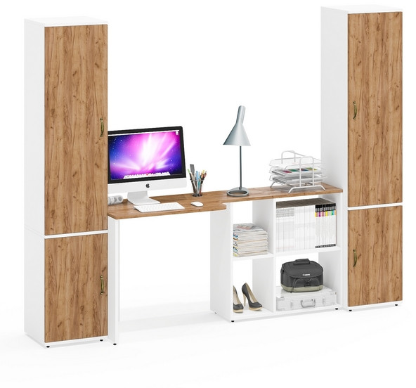 Лидер-8 Пенал МД 22Б + Стол + Пенал 21Б, цвет белый шагрень/крафт золото, ШхГхВ 245х50/37,5х75/190 или 155х120/50х75/190 см., НЕ универсальная сборка