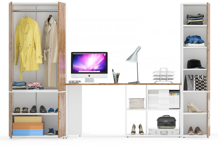 Лидер-8 Шкаф МД 19Б + Стол + Пенал 22Б, цвет белый шагрень/крафт золото, ШхГхВ 285х50/37,5х75/190 или 195х120х75/190 см., НЕ ун.сб.