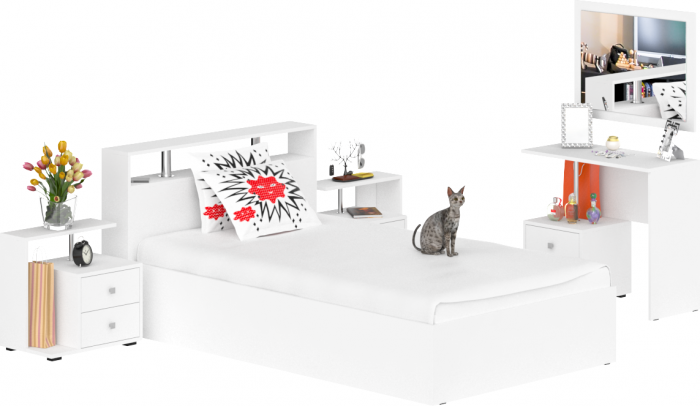 Камелия спальня № 6 Кровать 1200 + Две тумбы + Стол косметический + Зеркало, цвет белый, сп.м. 1200х2000 мм., б/м, основание есть