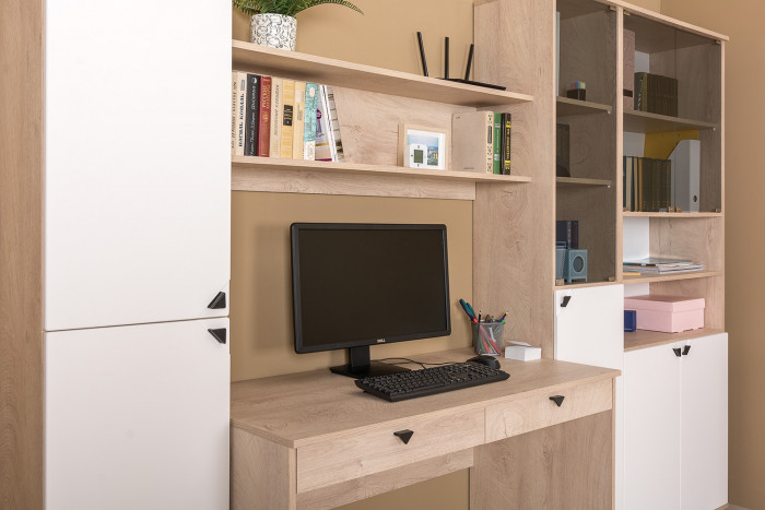 КР100 Бостон 13.154 Шкаф, цвет дуб эндгрейн элегантный/фасады МДФ милк рикамо софт, ШхГхВ 38,6х35,1х194,4 см., универсальная сборка