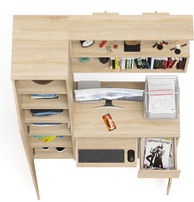 Мори Стол компьютерный МС-1 правый + Пенал МШ400.1 + Полка 900, цвет дуб сонома, ШхГхВ 130,4х50,4х209,6 см., НЕ универсальная сборка