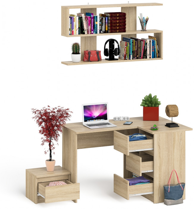 Мори Стол компьютерный МС-16 правый + Тумба ТМП400.1 + Полка 1200, цвет дуб сонома, ШхГхВ 164,8х84,9х209,6 см., НЕ универсальная сборка