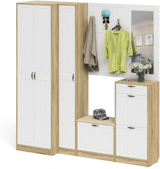 Прихожая П-6 Компоновка № 31, дуб сонома/фасады МДФ белое дерево фрезеровка прованс