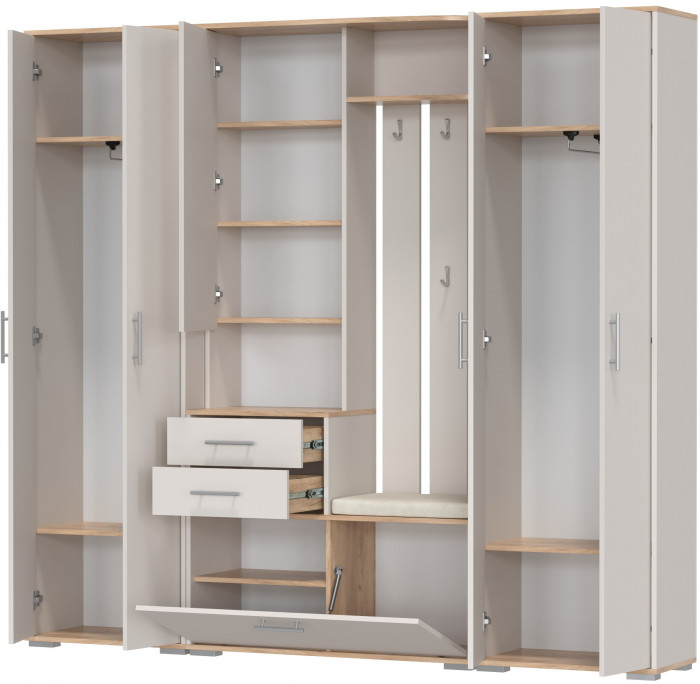 Прихожая Домино 4, цвет дуб крафт золотой/кашемир серый, ШхГхВ 220х36х202 см., универсальная сборка