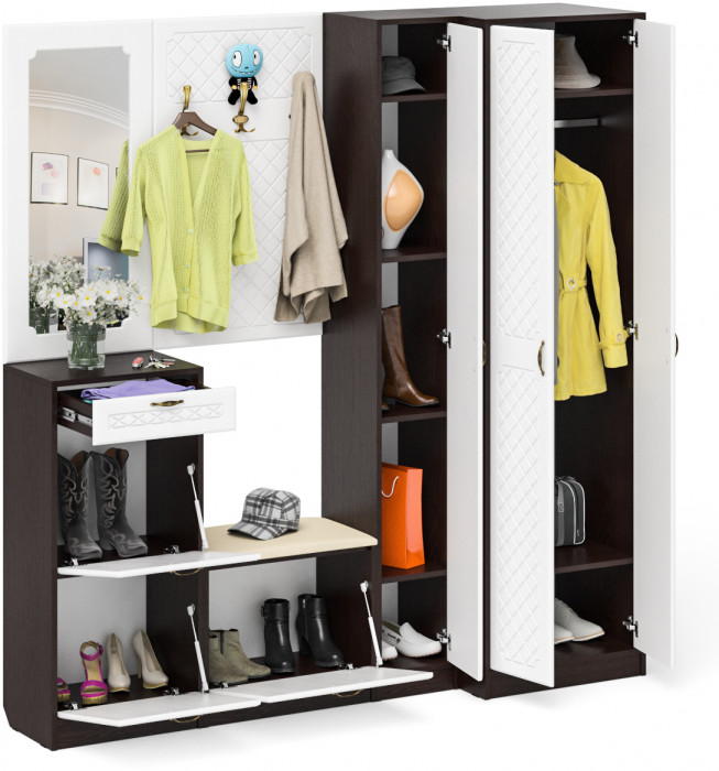 Прихожая П-6 Компоновка № 31, цвет венге/фасады МДФ белое дерево фрезеровка ромб, ШхГхВ 200х50х210 см., универсальная сборка