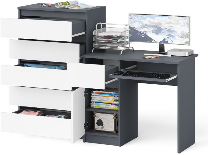 Мори компьютерный стол МС-1 левый + Комод МК700.5, графит/белый