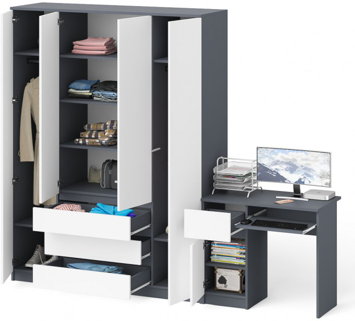 Мори компьютерный стол МС-1 левый + Шкаф МШ1600.1, графит/белый