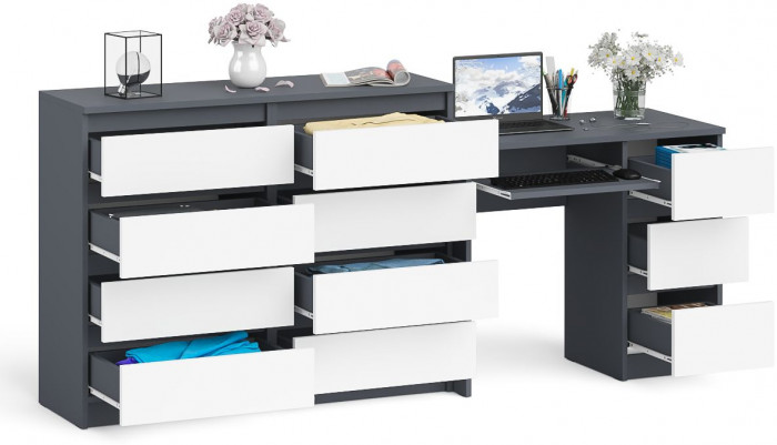 Мори компьютерный стол МС-6 правый + Комод МК1200.8, графит/белый