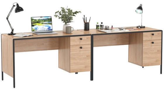 Брюс Стол письменный 12.157 + Стол письменный 12.157, цвет чёрный/дуб Сантьяго/столешница МДФ ель карпатская, ШхГхВ 260х62,6х75 см., ун. сб.