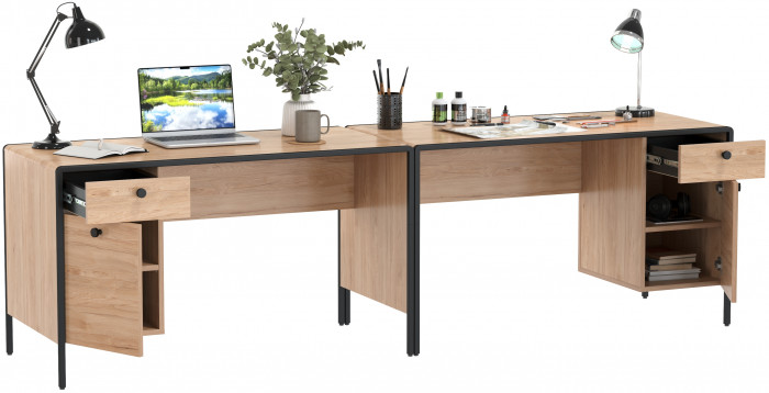 Брюс Стол письменный 12.157 + Стол письменный 12.157, цвет чёрный/дуб Сантьяго/столешница МДФ ель карпатская, ШхГхВ 260х62,6х75 см., ун. сб.