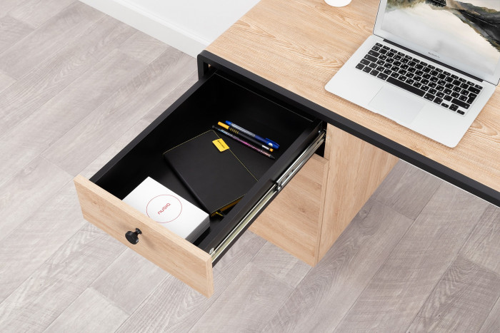 Брюс Стол письменный 12.157 + Стол письменный 12.157, цвет чёрный/дуб Сантьяго/столешница МДФ ель карпатская, ШхГхВ 260х62,6х75 см., ун. сб.