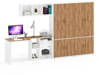 Лидер-8 Стол + Полка + Шкаф МД 20Б + Шкаф МД 20Б, белый шагрень/крафт золото