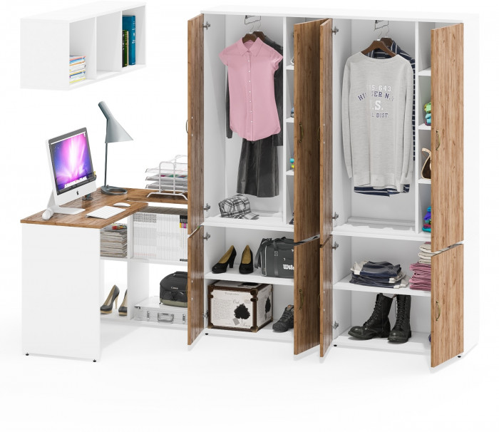 Лидер-8 Стол + Полка + Шкаф МД 20Б + Шкаф МД 20Б, белый шагрень/крафт золото