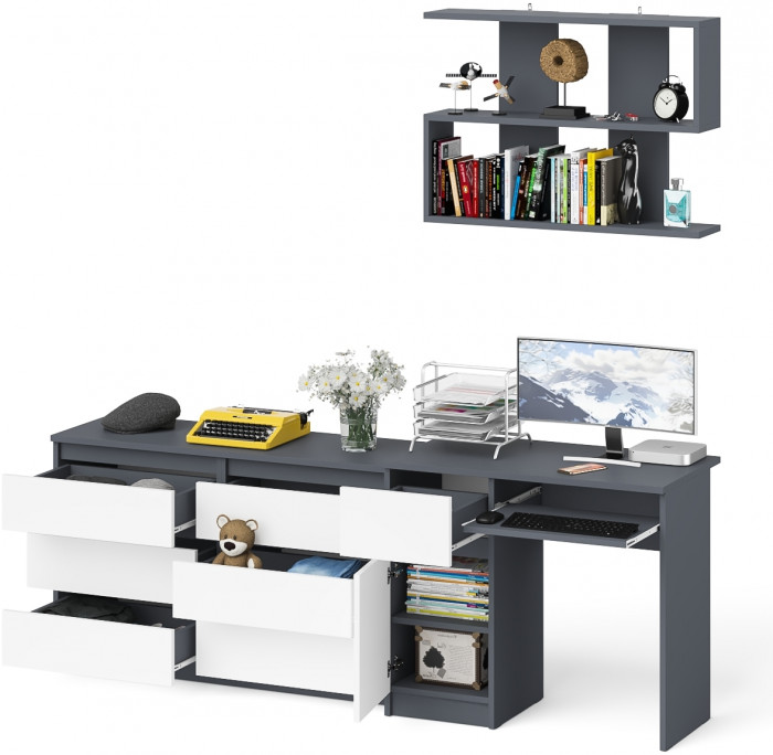 Мори компьютерный стол МС-1 левый + Комод МК1200.6 + Полка 900, графит/белый