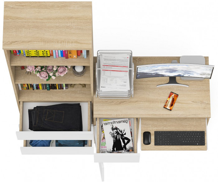 Мори Стол компьютерный МС-1 левый + Стеллаж МСТ600.3, цвет дуб сонома/белый, ШхГхВ 150,4х50х179,6 см., выдвижной ящик слева, НЕ универсальная сборка