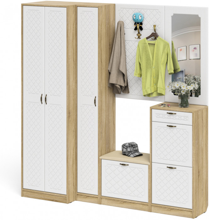 Прихожая П-6 Компоновка № 31, дуб сонома/фасады МДФ белое дерево фрезеровка ромб