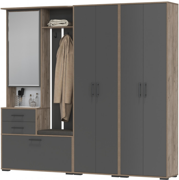 Прихожая Домино 4, цвет дуб крафт табачный/графит, ШхГхВ 220х36х202 см., универсальная сборка