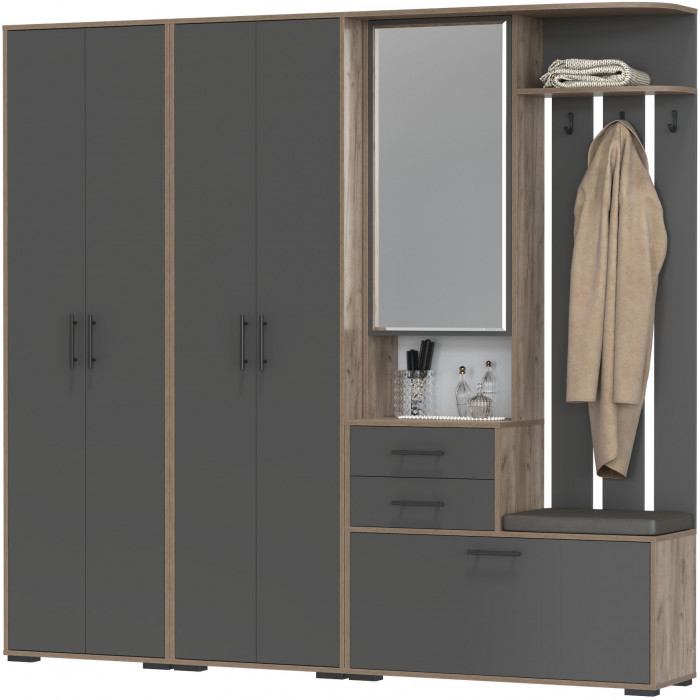 Прихожая Домино 4, цвет дуб крафт табачный/графит, ШхГхВ 220х36х202 см., универсальная сборка