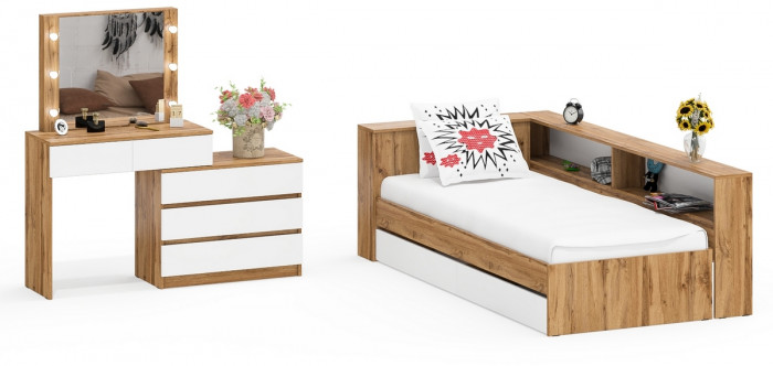 Ксения Кровать с ящиками 0900 + прикроватный блок + Столик с подсветкой 110, дуб вотан/белый