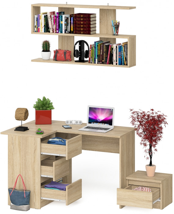 Мори компьютерный стол МС-16 левый + Тумба ТМП400.1 + Полка 1200, дуб сонома
