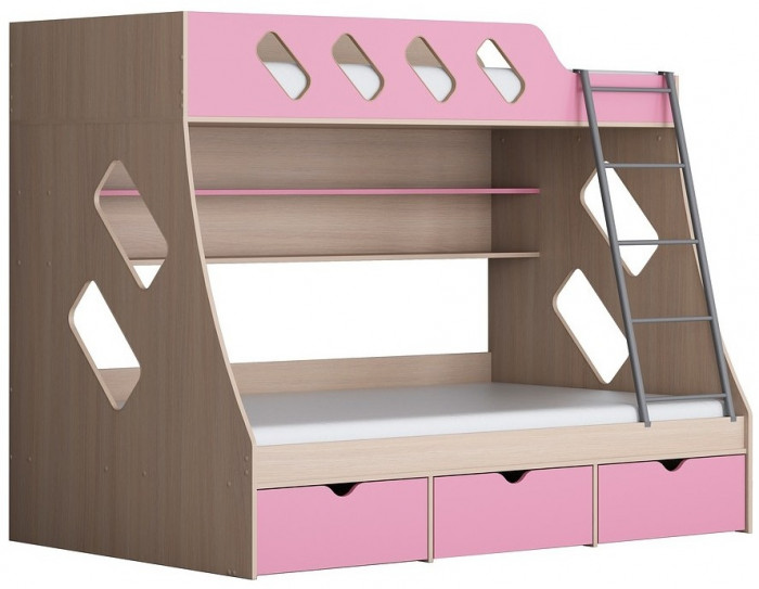 Дельта-20.01 Детская двухъярусная кровать с лестницей (Розовый, Дуб молочный)