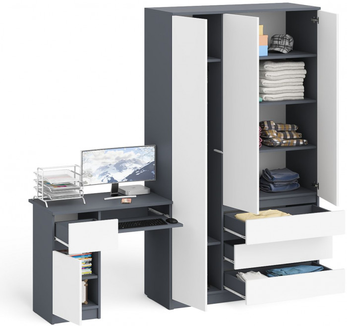 Мори компьютерный стол МС-1 левый + Шкаф МШ1200.1, графит/белый