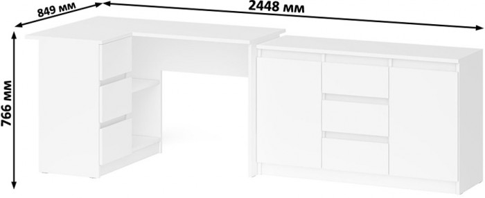 Мори Стол компьютерный МС-16 левый + Комод МК1200.3, цвет белый, ШхГхВ 244,8х84,9х76,6 см., выдвижные ящики слева, НЕ универсальная сборка