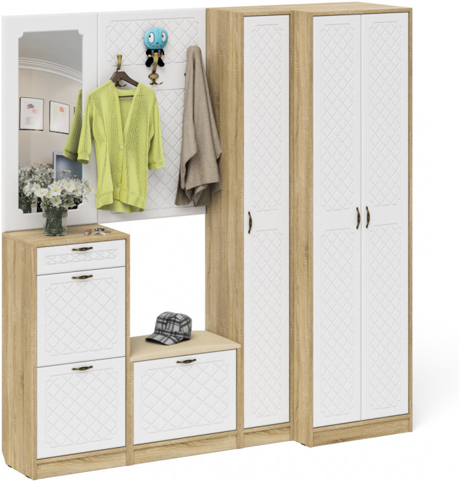 Прихожая П-6 Компоновка № 31, цвет дуб сонома/фасады МДФ белое дерево фрезеровка ромб, ШхГхВ 200х50х210 см., универсальная сборка