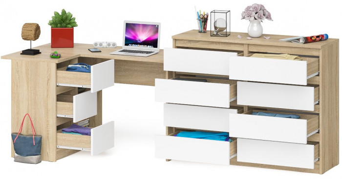 Мори компьютерный стол МС-16 левый + Комод МК1200.8, дуб сонома/белый