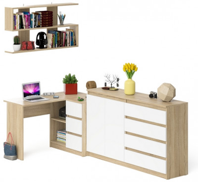 Мори компьютерный стол МС-16 правый + Комод МК1600.1 + Полка 1200, дуб сонома/белый