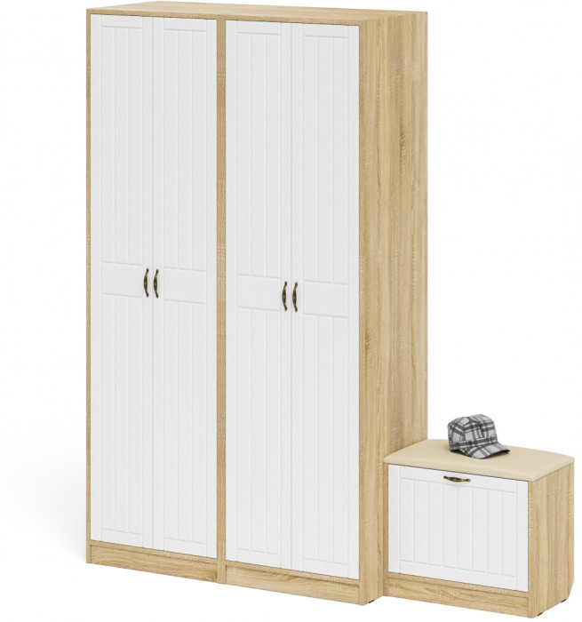 Прихожая П-6 Компоновка № 07, цвет дуб сонома/фасады МДФ белое дерево фрезеровка прованс, ШхГхВ 180х50х210 см., универсальная сборка