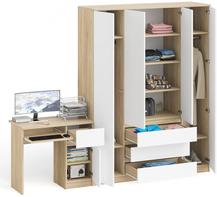 Мори компьютерный стол МС-1 правый + Шкаф МШ1600.1, дуб сонома/белый