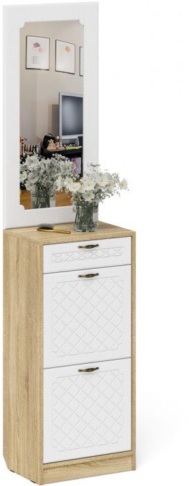 Прихожая П-6 Тумба для обуви 2 секции + Зеркало, дуб сонома/фасады МДФ белое дерево фрезеровка ромб