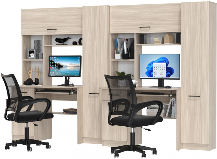 Два стола рабочих 6-0603 Альфа + два кресла 103 чёрных, ясень шимо светлый