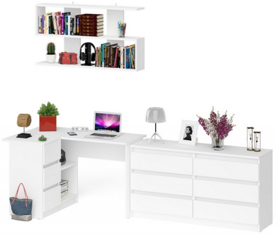 Мори компьютерный стол МС-16 левый + Комод МК1380.6 + Полка 1200, белый