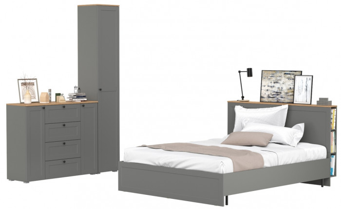 Остин 11.53 Кровать + ортопед + 13.227 Шкаф-пенал + 16.221 Комод, серый графит/дуб крафт золотой