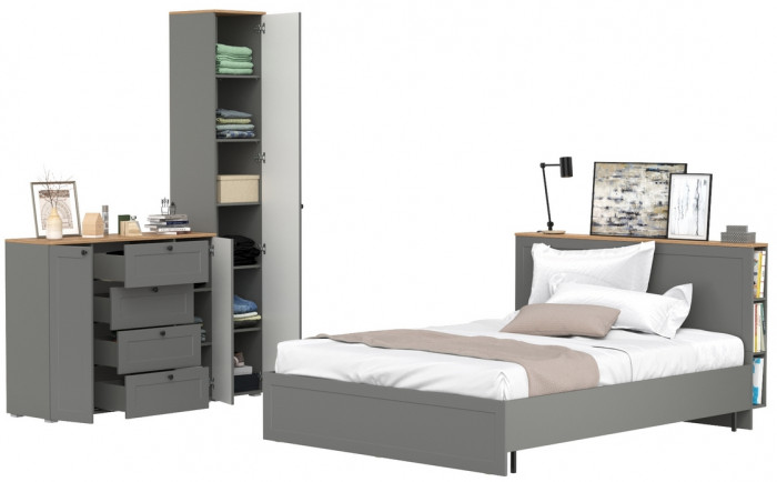 Остин 11.53 Кровать + ортопед + 13.227 Шкаф-пенал + 16.221 Комод, серый графит/дуб крафт золотой