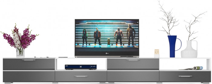 Тумба под ТВ Ларго 1, корпус белый/фасады МДФ графитово-серый глянец