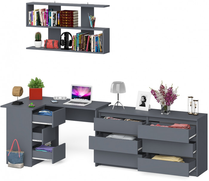 Мори компьютерный стол МС-16 левый + Комод МК1380.6 + Полка 1200, графит