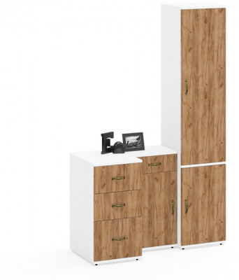 Лидер-8 Пенал МД 22Б + Тумба МД 3.15 + Тумба МД 3.16, цвет белый шагрень/крафт золото, ШхГхВ 120х50х190 см., универсальная сборка