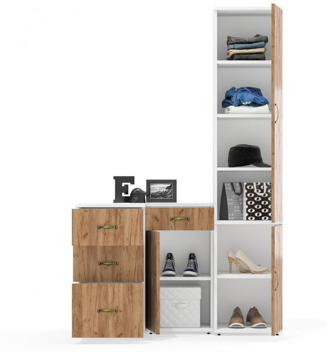 Лидер-8 Пенал МД 22Б + Тумба МД 3.15 + Тумба МД 3.16, цвет белый шагрень/крафт золото, ШхГхВ 120х50х190 см., универсальная сборка