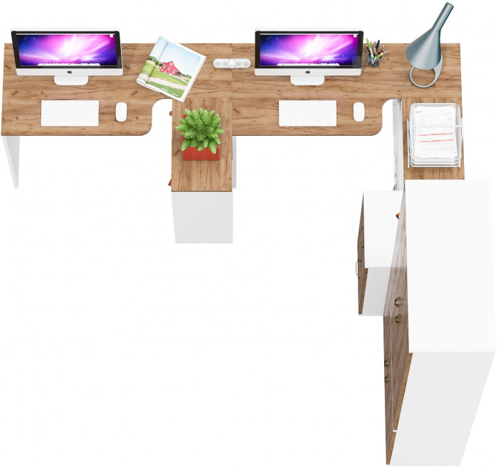 Лидер-8 Стол + Стол + Шкаф МД 20Б + Тумба МД 3.16, цвет белый шагрень/крафт золото, ШхГхВ 450х50/37,5х75/190 или 230х200/50х75/190 см., НЕ ун. сб.