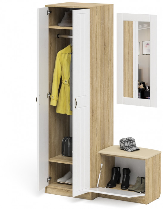 Прихожая П-6 Компоновка № 11, дуб сонома/фасады МДФ белое дерево фрезеровка прованс